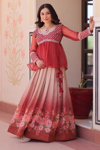 Rust Silk Readymade Stitched Lehenga Choli with Beads Embroidered & Printed Work