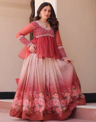 Rust silk blend Readymade Lehenga Choli with Beads Embroidered & Printed Work 2