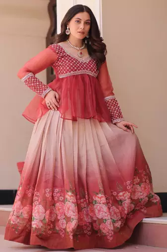 Rust silk blend Readymade Lehenga Choli with Beads Embroidered & Printed Work