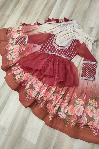 Rust silk blend Readymade Lehenga Choli with Beads Embroidered & Printed Work