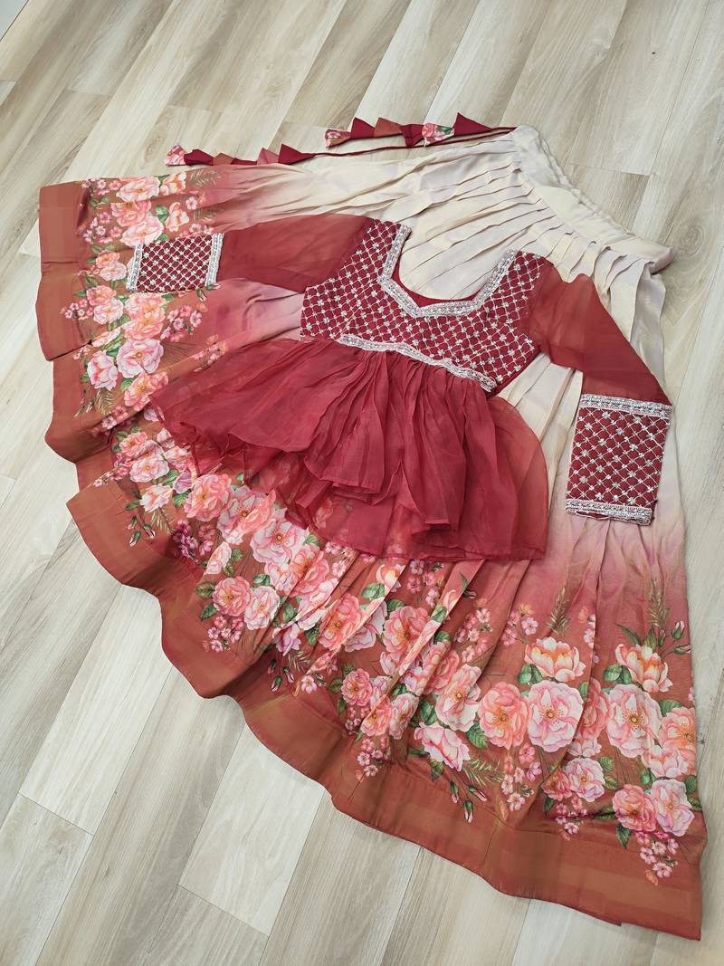 Rust silk blend Readymade Lehenga Choli with Beads Embroidered & Printed Work