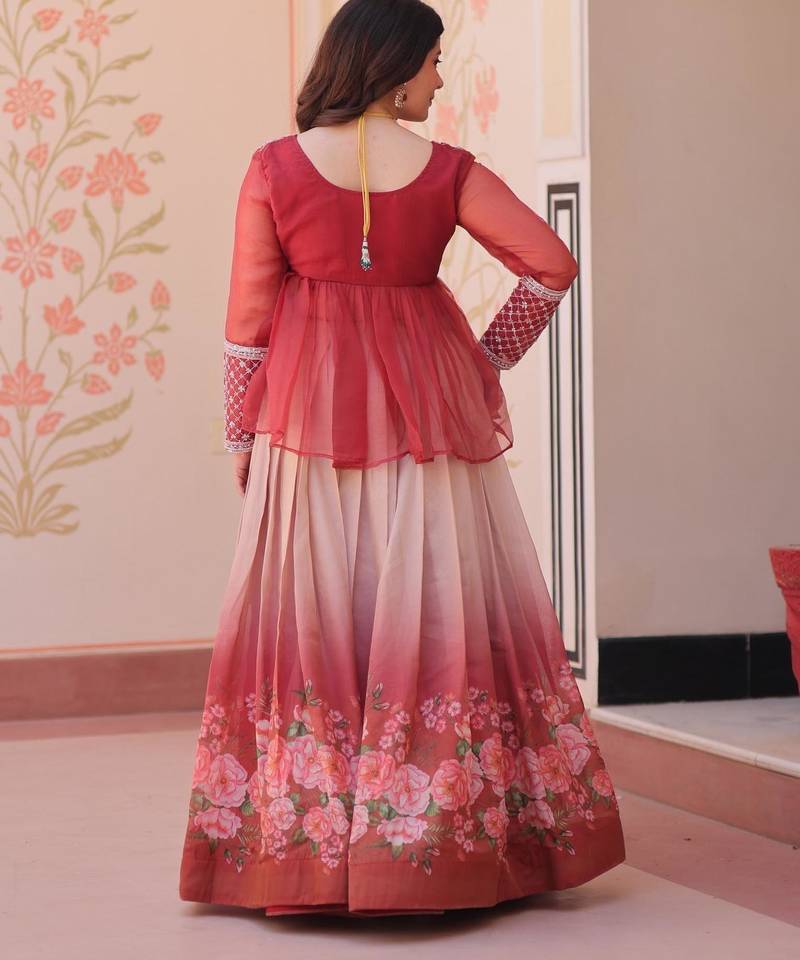 Rust silk blend Readymade Lehenga Choli with Beads Embroidered & Printed Work