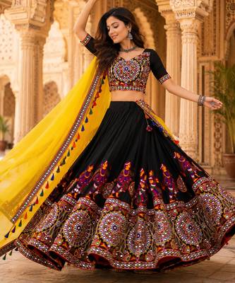 Black Mirror Work Faux Georgette Navratri Lehenga Choli Set 4