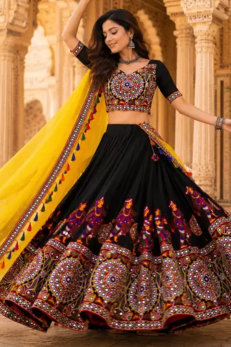 Black Mirror Work Faux Georgette Navratri Lehenga Choli Set