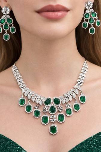 regal emerald green zirconia statement necklace earring set, victorian chandelier bridal jewellery