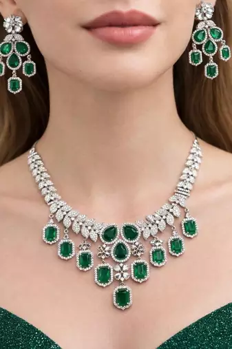 regal emerald green zirconia statement necklace earring set, victorian chandelier bridal jewellery