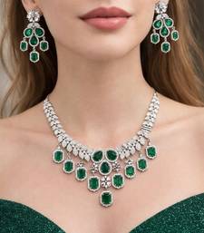 regal emerald green zirconia statement necklace earring set, victorian chandelier bridal jewellery