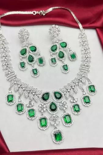 regal emerald green zirconia statement necklace earring set, victorian chandelier bridal jewellery