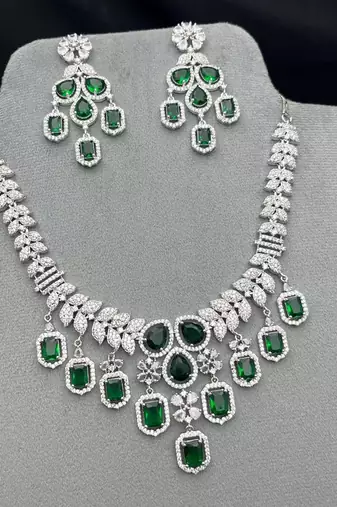 regal emerald green zirconia statement necklace earring set, victorian chandelier bridal jewellery