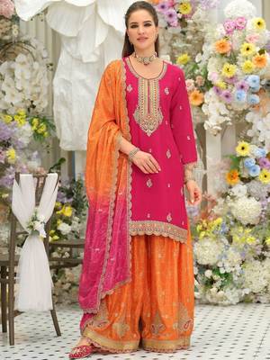 Women Ethnic Motifs Embroidered Thread Work Kurta with Sharara & With Dupatta 1