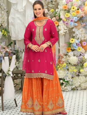 Women Ethnic Motifs Embroidered Thread Work Kurta with Sharara & With Dupatta 5