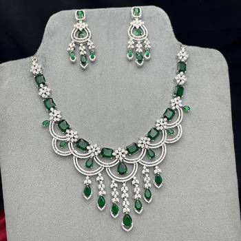 emerald green chandelier necklace earring set, silver-toned bridal jewellery 1
