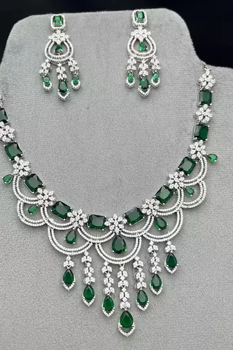 emerald green chandelier necklace earring set, silver-toned bridal jewellery