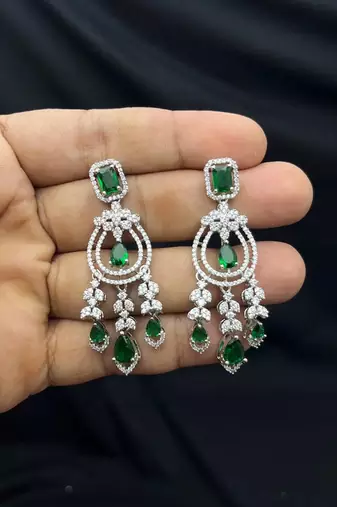 emerald green chandelier necklace earring set, silver-toned bridal jewellery