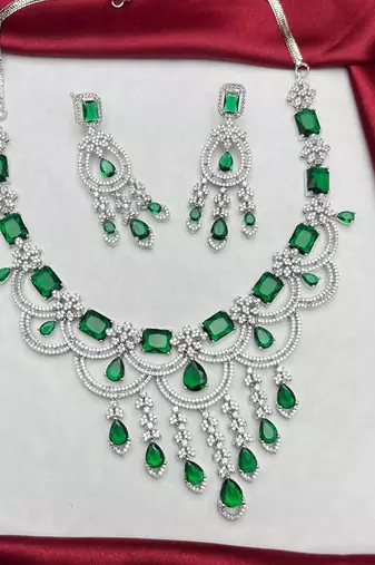 emerald green chandelier necklace earring set, silver-toned bridal jewellery