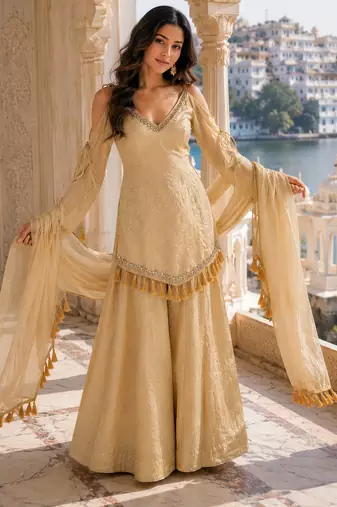 Rakhi special mirror work cream kurta palazzo set with dupatta