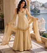 Rakhi special mirror work cream kurta palazzo set with dupatta