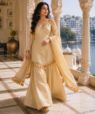 Rakhi special mirror work cream kurta palazzo set with dupatta 2