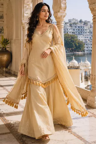 Rakhi special mirror work cream kurta palazzo set with dupatta