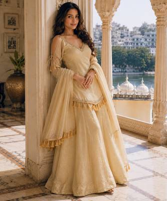 Rakhi special mirror work cream kurta palazzo set with dupatta 3