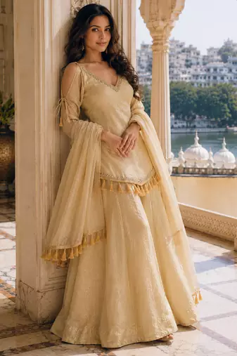 Rakhi special mirror work cream kurta palazzo set with dupatta