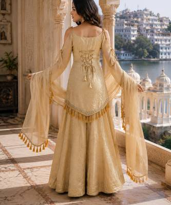 Rakhi special mirror work cream kurta palazzo set with dupatta 4
