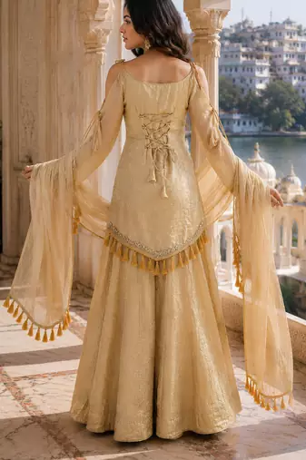 Rakhi special mirror work cream kurta palazzo set with dupatta