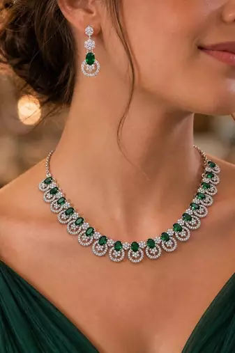 emerald green bridal necklace set  cz diamond indian wedding jewellery, maang tikka