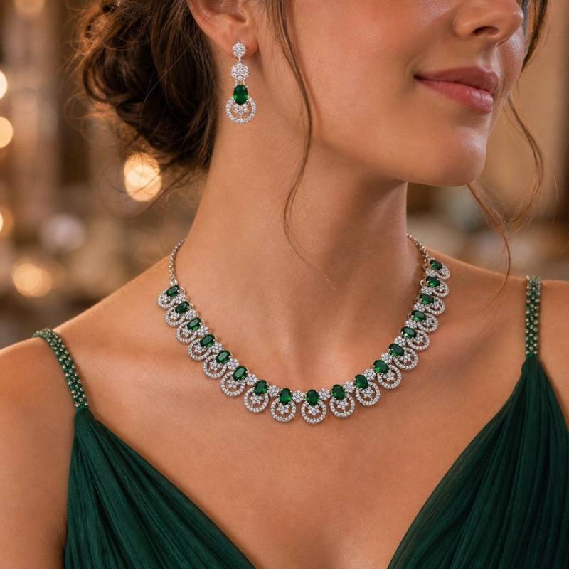emerald green bridal necklace set  cz diamond indian wedding jewellery, maang tikka