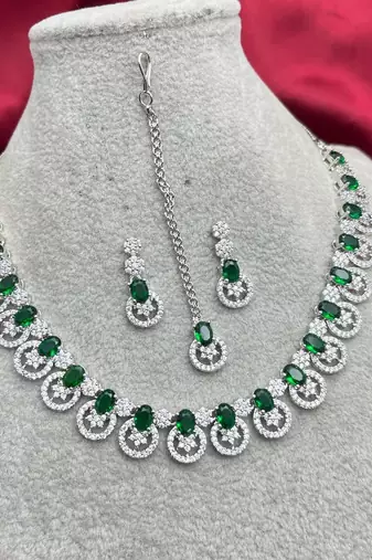 emerald green bridal necklace set  cz diamond indian wedding jewellery, maang tikka
