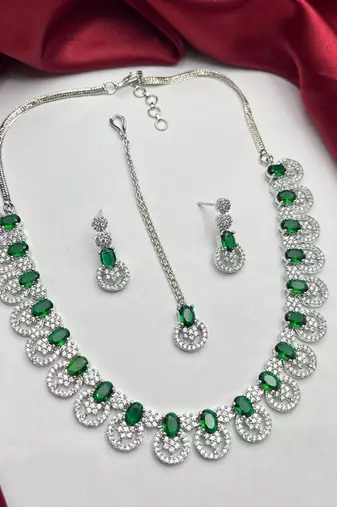 emerald green bridal necklace set  cz diamond indian wedding jewellery, maang tikka