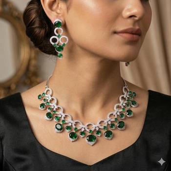 emerald green cz bridal jewellery set, silver statement necklace earrings, wedding prom cubic zirconia 1