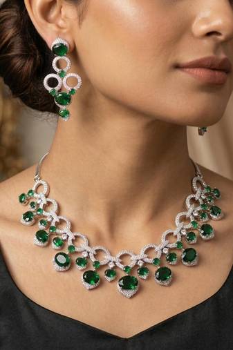 emerald green cz bridal jewellery set, silver statement necklace earrings, wedding prom cubic zirconia