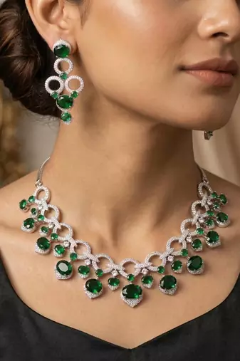 emerald green cz bridal jewellery set, silver statement necklace earrings, wedding prom cubic zirconia