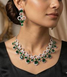 emerald green cz bridal jewellery set, silver statement necklace earrings, wedding prom cubic zirconia