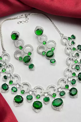 emerald green cz bridal jewellery set, silver statement necklace earrings, wedding prom cubic zirconia