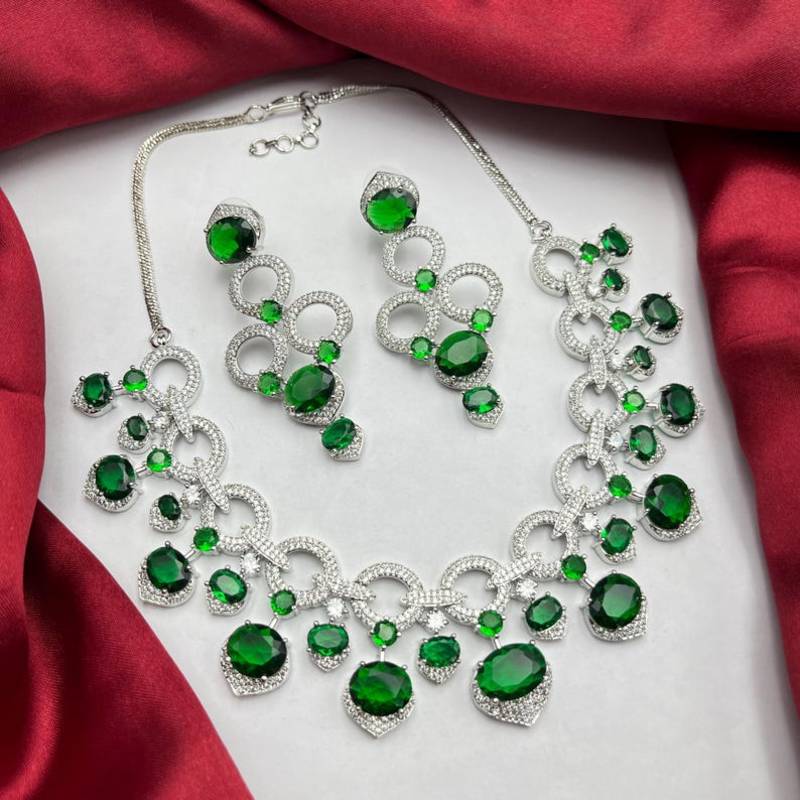 emerald green cz bridal jewellery set, silver statement necklace earrings, wedding prom cubic zirconia