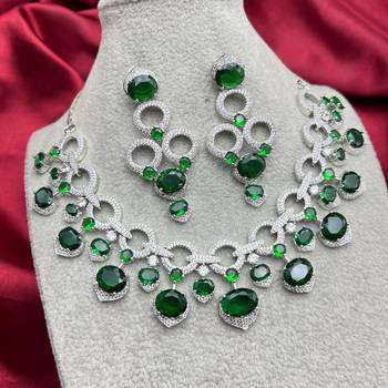 emerald green cz bridal jewellery set, silver statement necklace earrings, wedding prom cubic zirconia 3