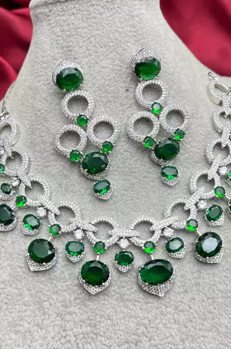 emerald green cz bridal jewellery set, silver statement necklace earrings, wedding prom cubic zirconia