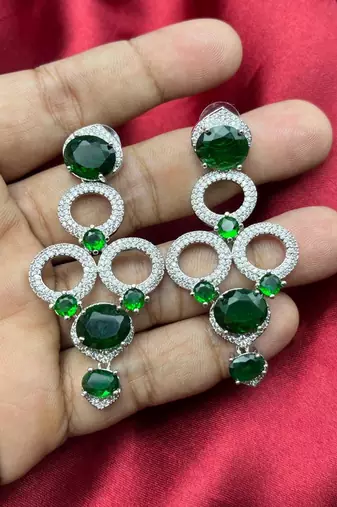 emerald green cz bridal jewellery set, silver statement necklace earrings, wedding prom cubic zirconia