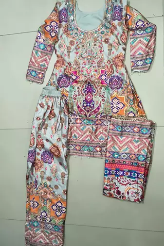 multicolor crepe silk printed kurta palazzo suit with dupatta