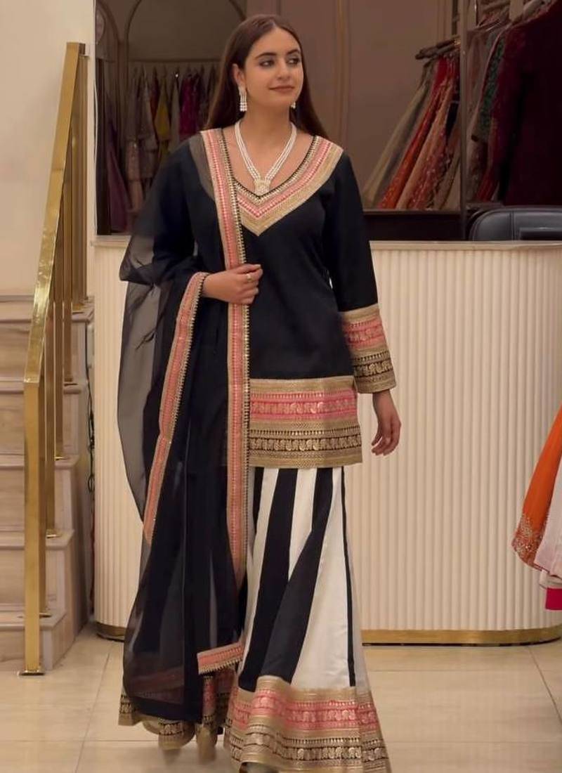 Black Color Embroidery And Thread Work Silk Blend Salwar Suit