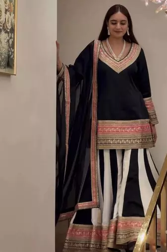Black Color Embroidery And Thread Work Silk Blend Salwar Suit