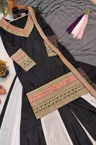Black Color Embroidery And Thread Work Silk Blend Salwar Suit