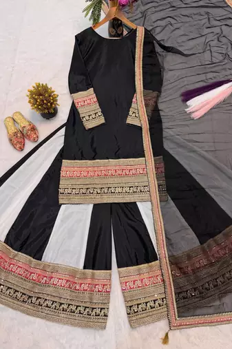 Black Color Embroidery And Thread Work Silk Blend Salwar Suit