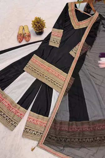 Black Color Embroidery And Thread Work Silk Blend Salwar Suit