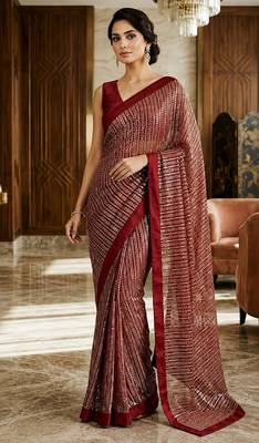 Maroon sequins embroidered georgette saree with banglori satin unstitched blouse 1