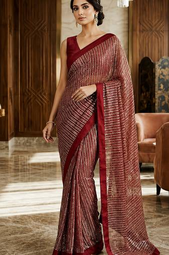 Maroon sequins embroidered georgette saree with banglori satin unstitched blouse