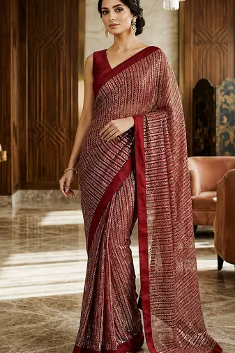 Maroon sequins embroidered georgette saree with banglori satin unstitched blouse
