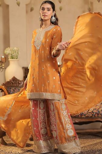 Ethnic Motifs Embroidered Round Neck Zari Straight Kurta & Palazzos With Dupatta